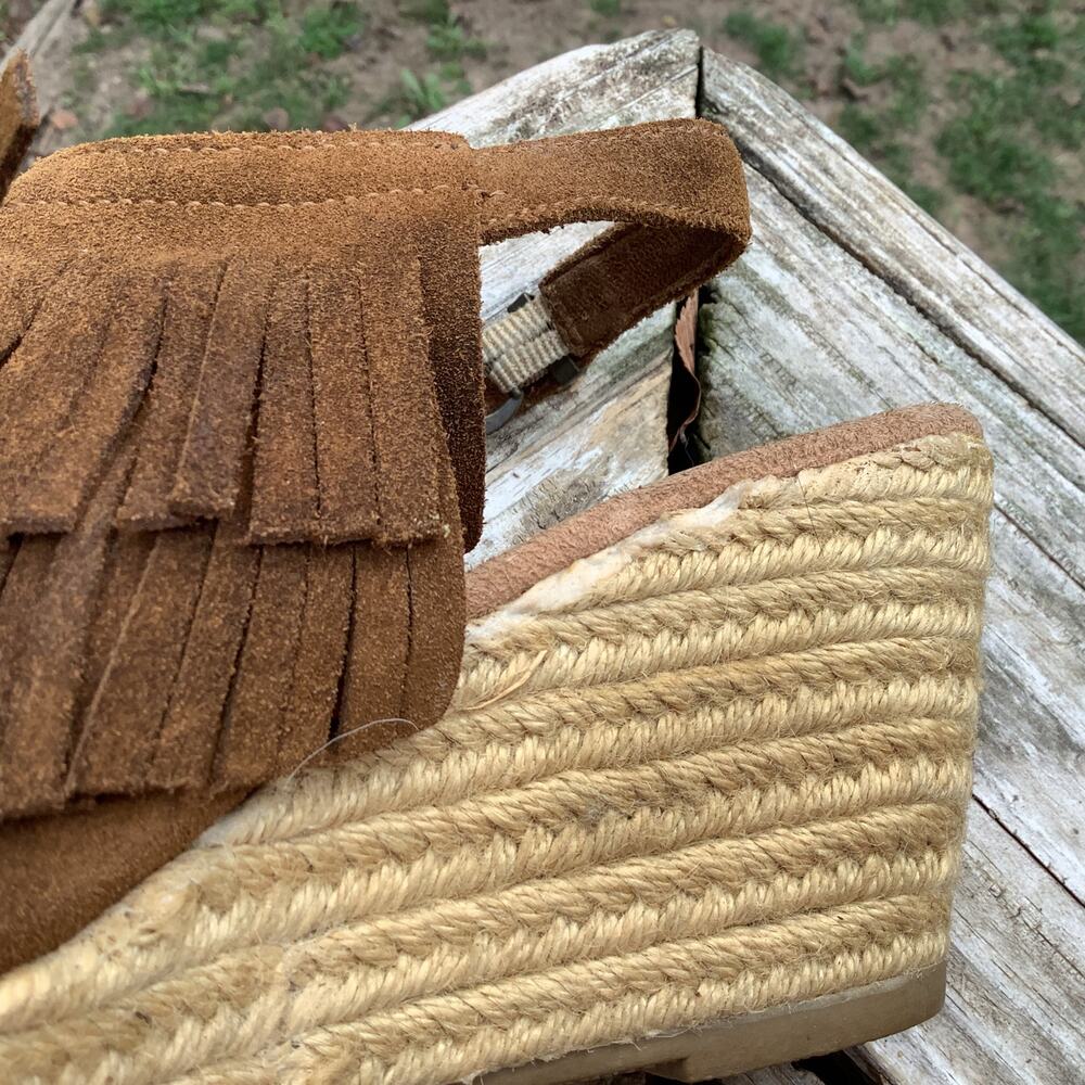 Minnetonka Suede Fringe Wedge Sandals Brown Jute Boho Espadrille Size 7 - Picture 4 of 7